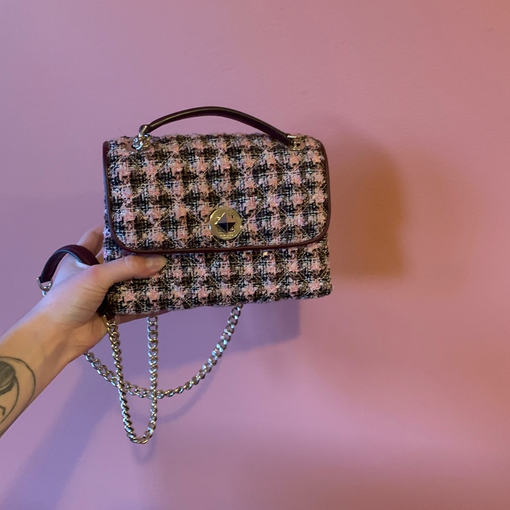 Kate Spade Natalia Tweed Small Flap Crossbody Shoulder Bag in Pink Multicolor
